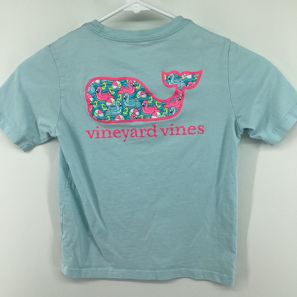 Girls Vineyard Vines Pool Float Flamingos Short Sleeve Pocket Tee- Blue- Size 6 - Picture 3 of 5